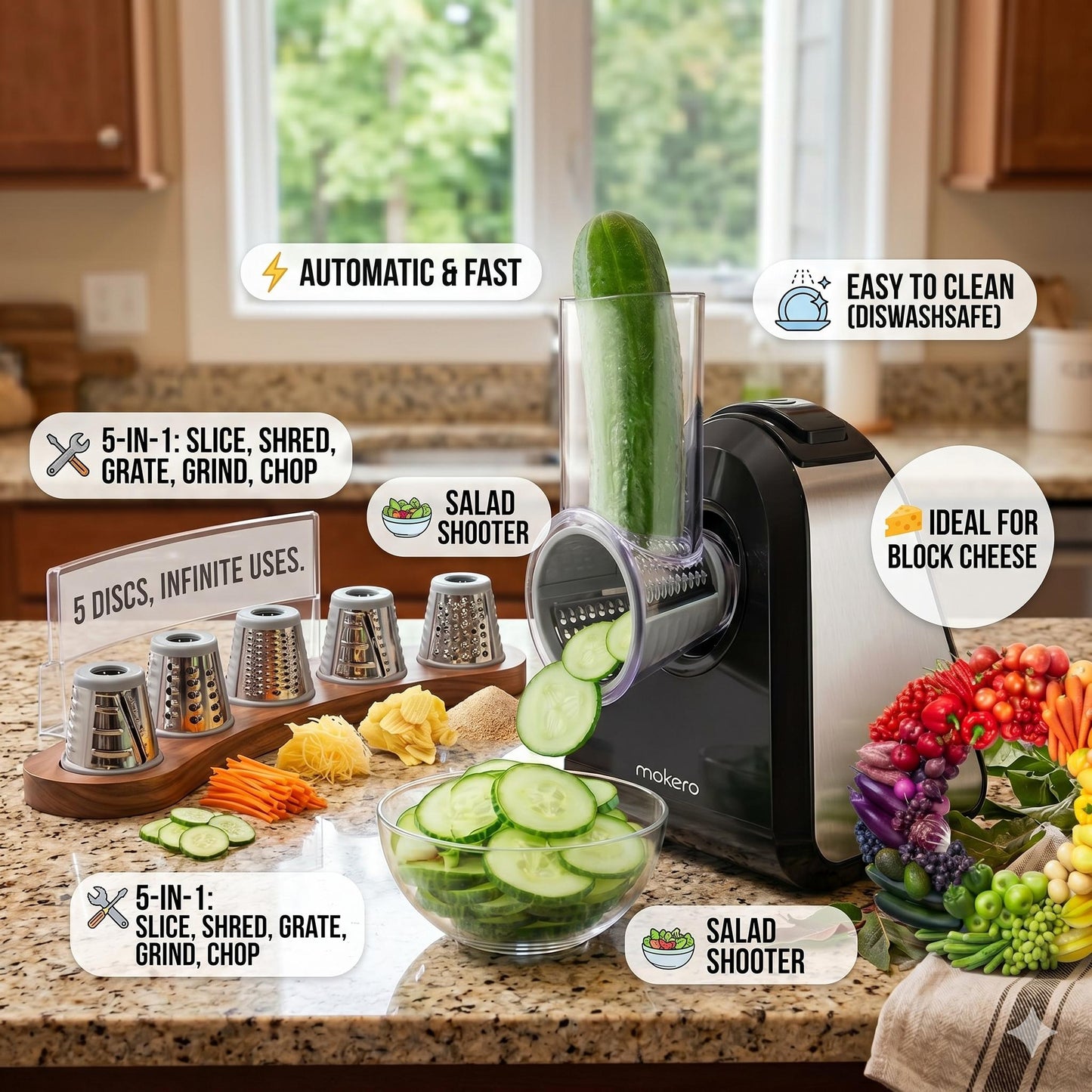 5 in 1 Electric Cheese Grater for Block Cheese, Kitchen Automatic Cheese Shredder & Salad Shooter, Easy to Clean Vegetable Chopper for Cheese,Cucumber, Potato, Carrots, Nut