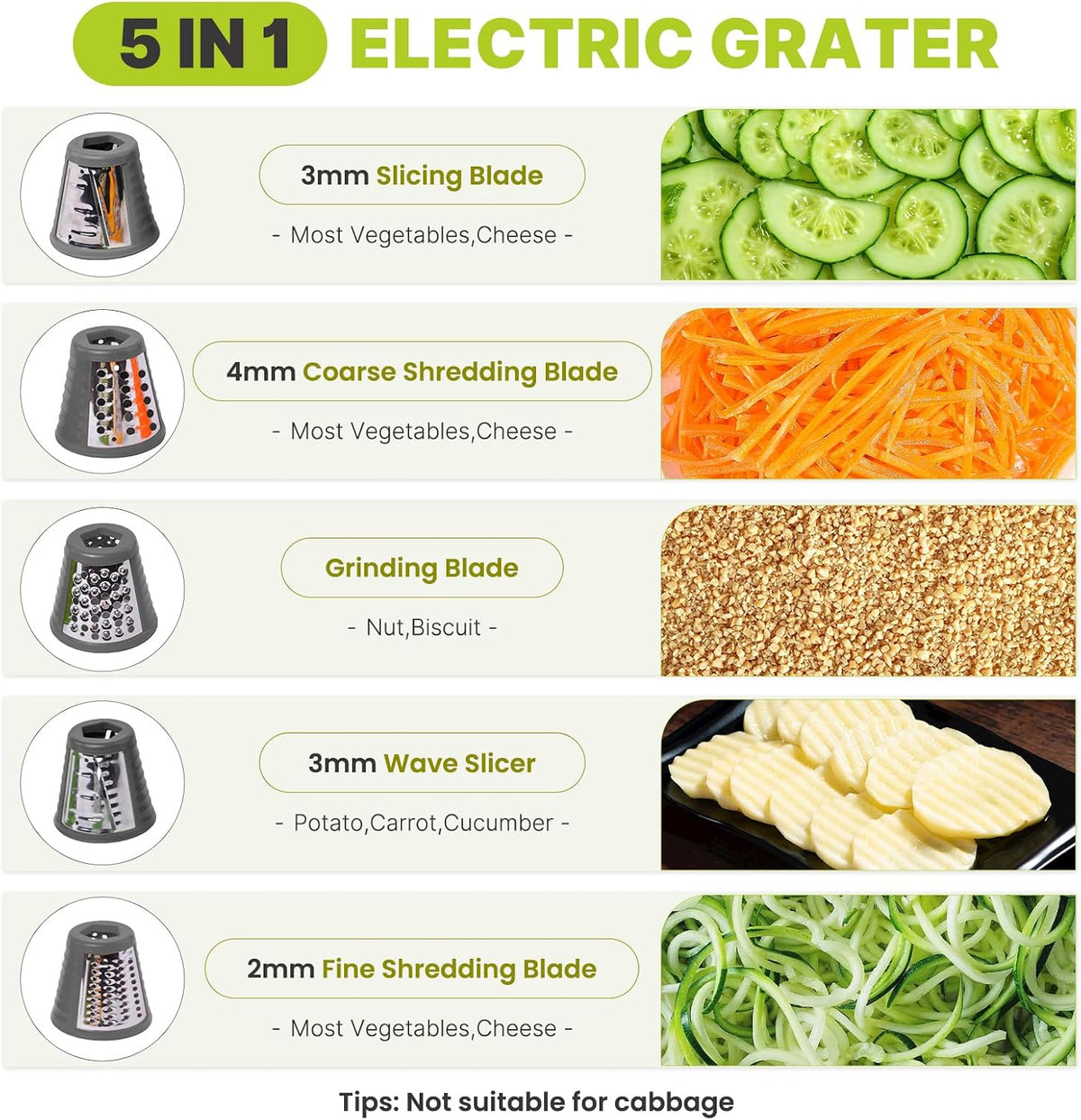 5 in 1 Electric Cheese Grater for Block Cheese, Kitchen Automatic Cheese Shredder & Salad Shooter, Easy to Clean Vegetable Chopper for Cheese,Cucumber, Potato, Carrots, Nut