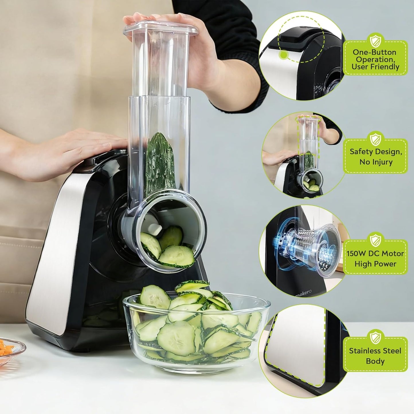 5 in 1 Electric Cheese Grater for Block Cheese, Kitchen Automatic Cheese Shredder & Salad Shooter, Easy to Clean Vegetable Chopper for Cheese,Cucumber, Potato, Carrots, Nut