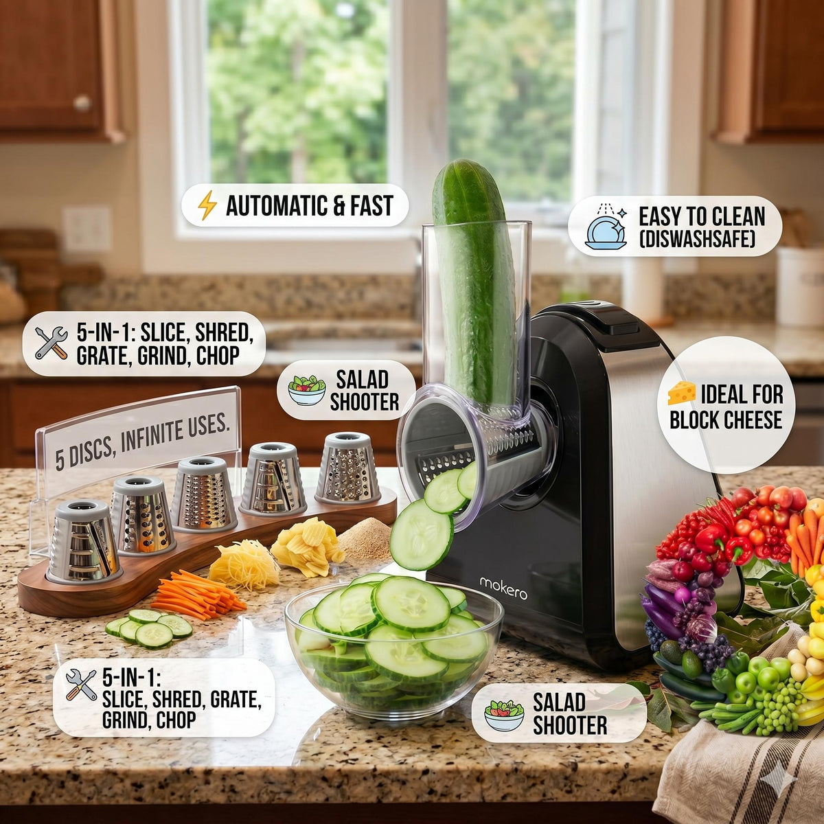 5 in 1 Electric Cheese Grater for Block Cheese, Kitchen Automatic Cheese Shredder & Salad Shooter, Easy to Clean Vegetable Chopper for Cheese,Cucumber, Potato, Carrots, Nut