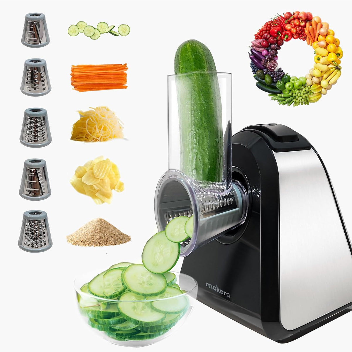 5 in 1 Electric Cheese Grater for Block Cheese, Kitchen Automatic Cheese Shredder & Salad Shooter, Easy to Clean Vegetable Chopper for Cheese,Cucumber, Potato, Carrots, Nut